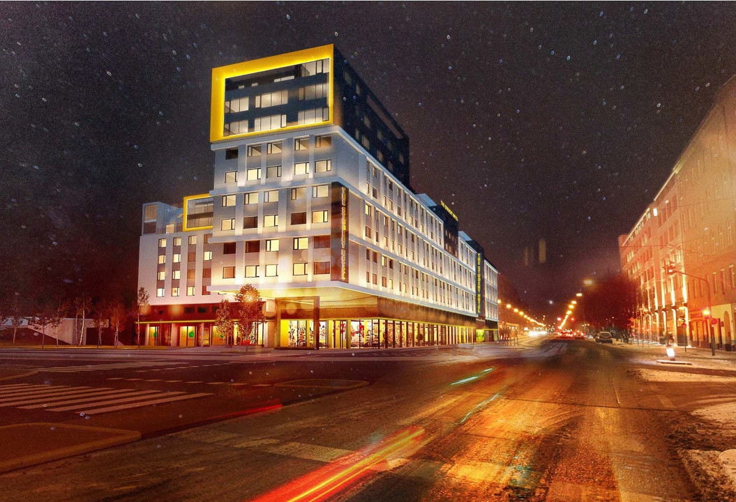 Night street view of The Student Hotel Vienna building 